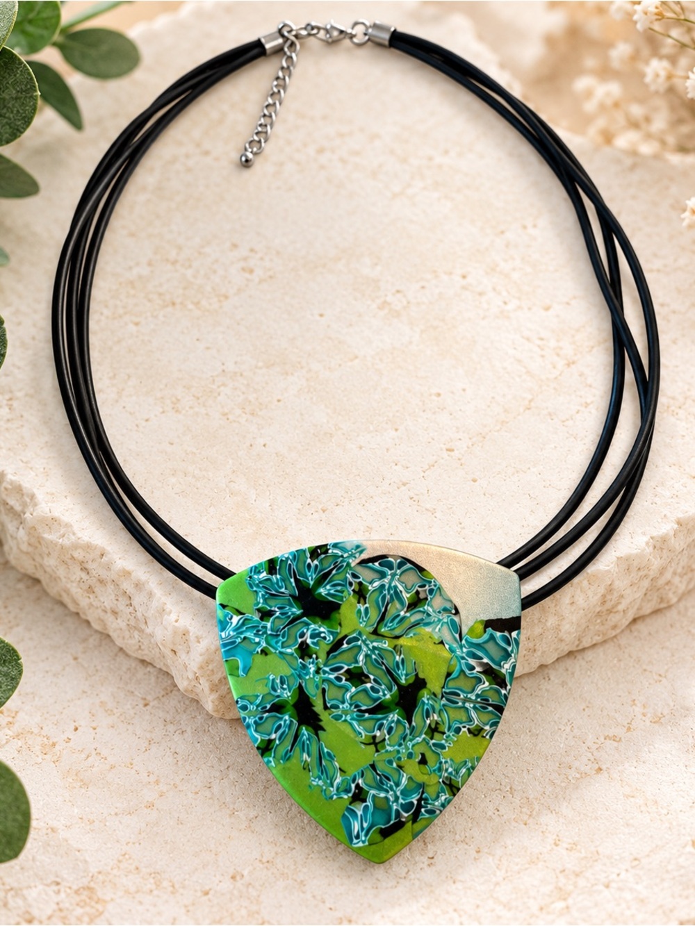 Handmade Blue & Green Abstract Floral Polymer Clay Large Pendant Necklace Cord